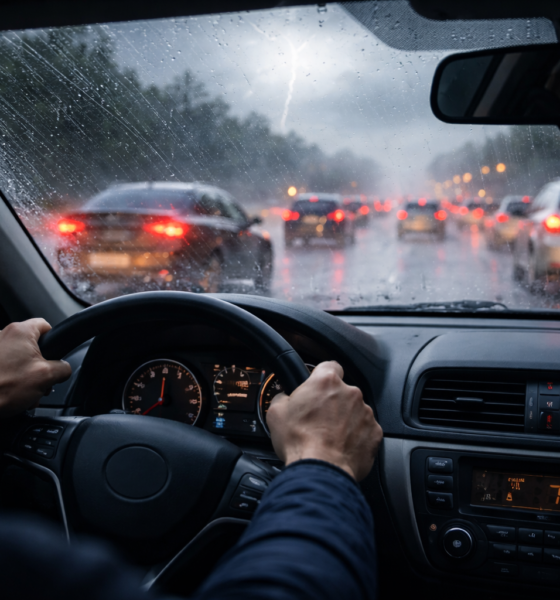 eco-friendly worker driving in storm