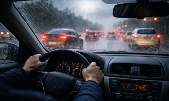 eco-friendly worker driving in storm