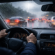 eco-friendly worker driving in storm