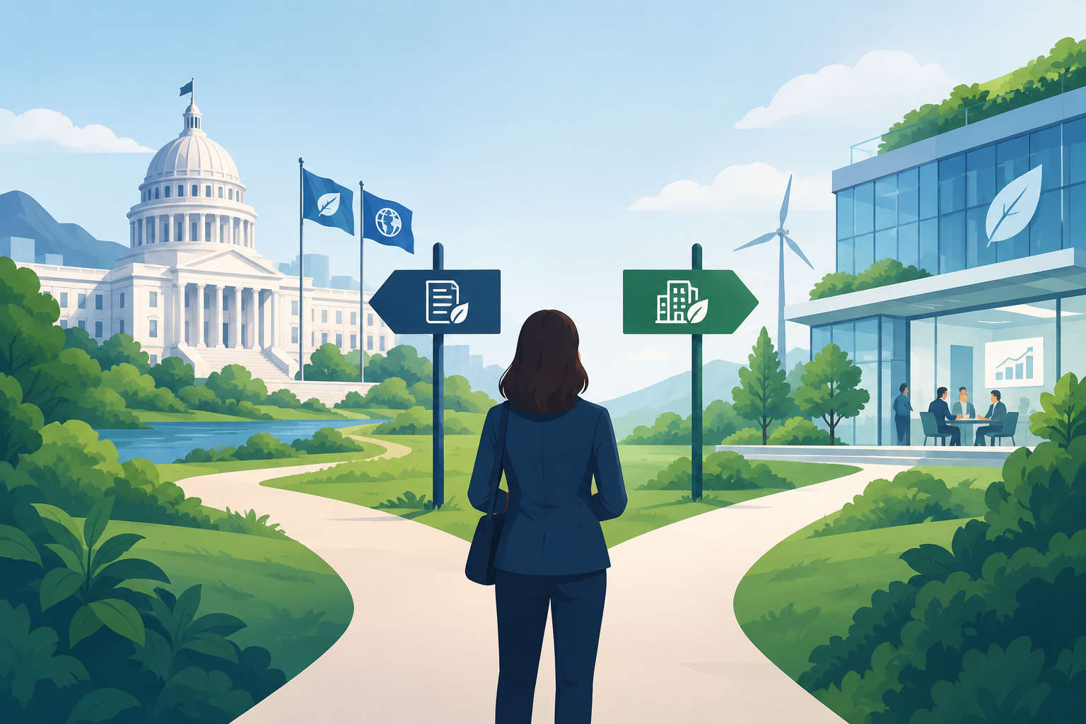 What Separates a Career Shaping Environmental Policy From One Shaping Corporate Sustainability -- AI-generated illustration