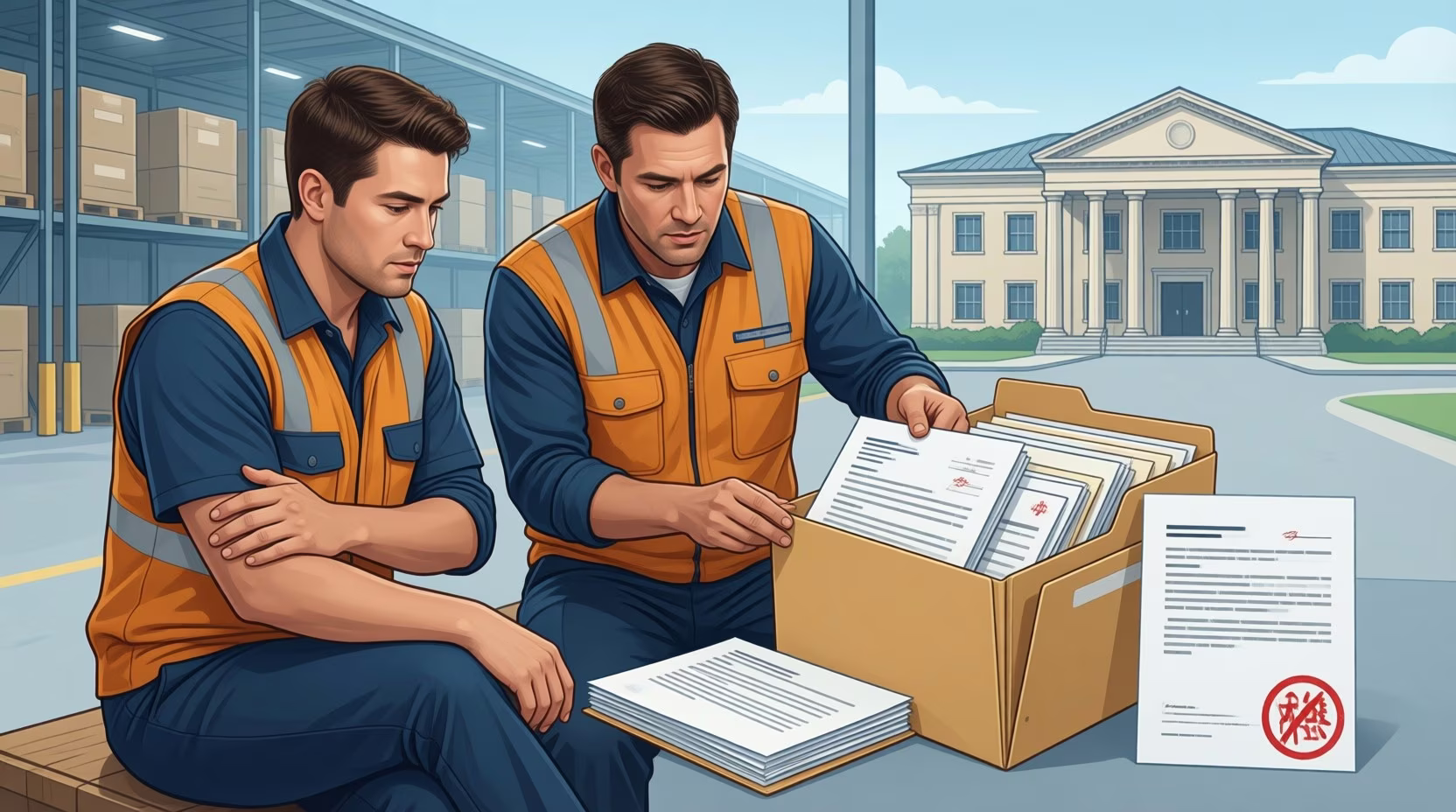 Flat editorial illustration: The article connects workplace documentation and insurer scrutiny to a denial that can be challenged